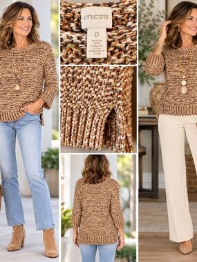 Chico's Chunky Marled Knit Sweater Brown Tan Boho Pullover Size 0